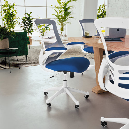 Kelista Mid-Back Blue Mesh Swivel Ergonomic Task Office Chair with White Frame and Flip-Up Arms Blue Mesh/White Frame BL-X-5M-WH-BLUE-GG