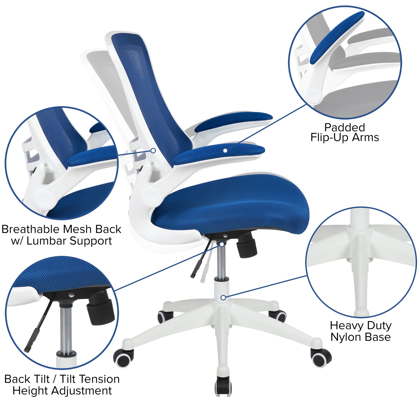 Kelista Mid-Back Blue Mesh Swivel Ergonomic Task Office Chair with White Frame and Flip-Up Arms Blue Mesh/White Frame