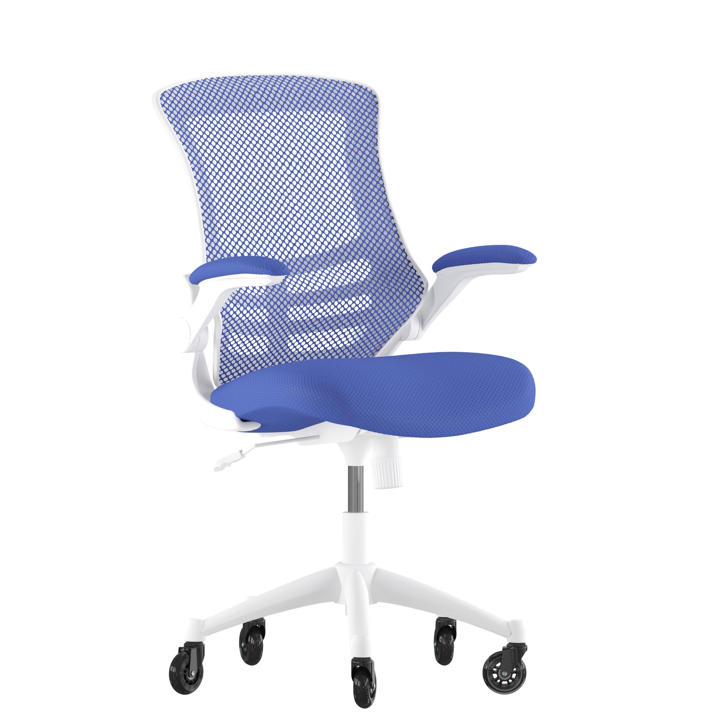 Kelista Mid-Back Blue Mesh Swivel Ergonomic Task Office Chair with White Frame, Flip-Up Arms, and Transparent Roller Wheels Blue Mesh/White Frame