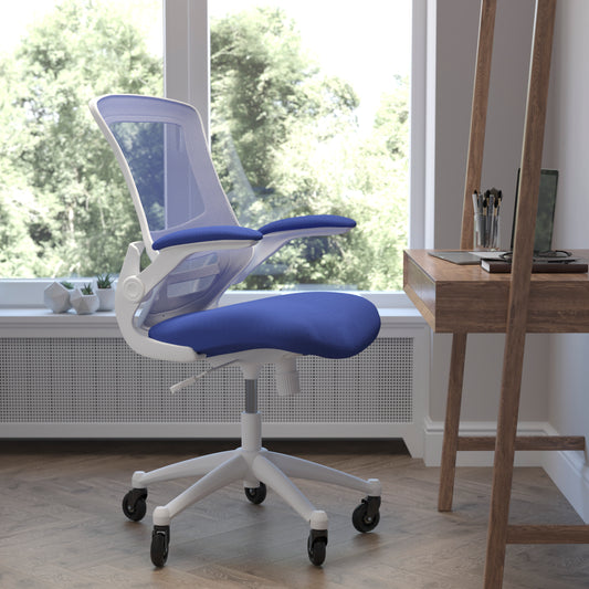 Kelista Mid-Back Blue Mesh Swivel Ergonomic Task Office Chair with White Frame, Flip-Up Arms, and Transparent Roller Wheels Blue Mesh/White Frame BL-X-5M-WH-BLUE-RLB-GG