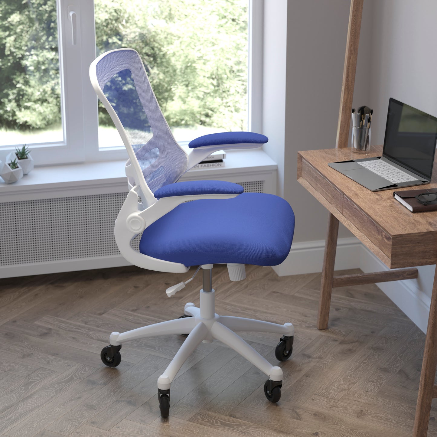 Kelista Mid-Back Blue Mesh Swivel Ergonomic Task Office Chair with White Frame, Flip-Up Arms, and Transparent Roller Wheels Blue Mesh/White Frame