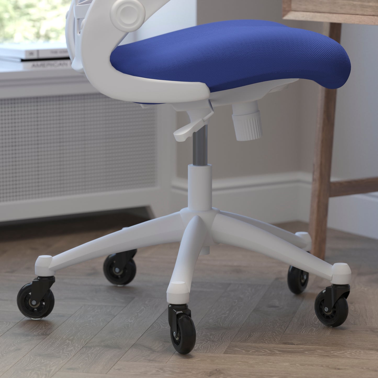 Kelista Mid-Back Blue Mesh Swivel Ergonomic Task Office Chair with White Frame, Flip-Up Arms, and Transparent Roller Wheels Blue Mesh/White Frame