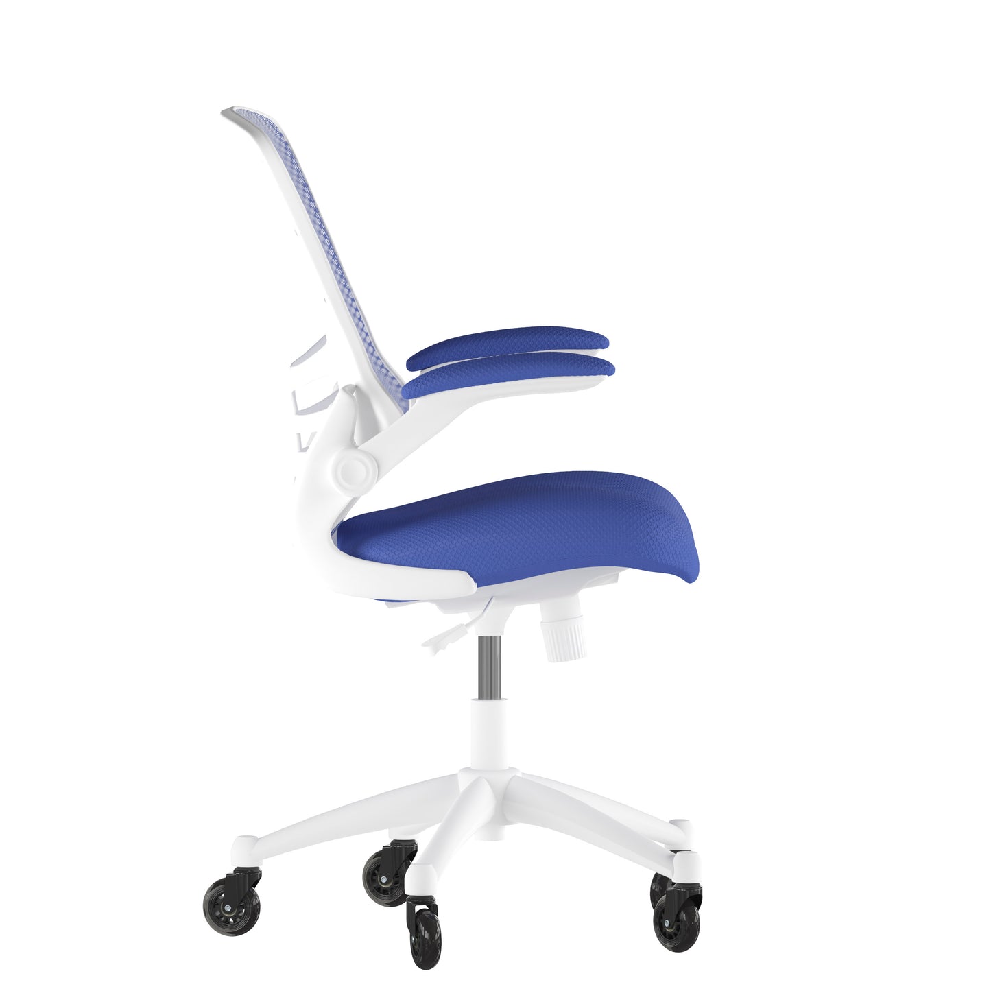 Kelista Mid-Back Blue Mesh Swivel Ergonomic Task Office Chair with White Frame, Flip-Up Arms, and Transparent Roller Wheels Blue Mesh/White Frame