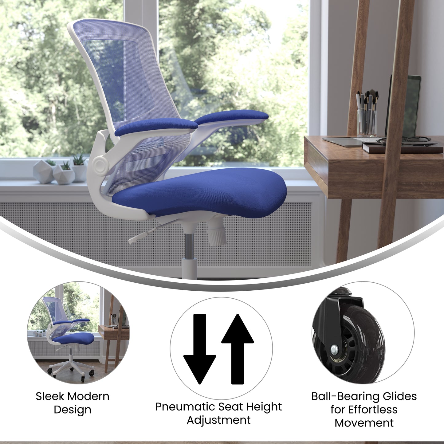 Kelista Mid-Back Blue Mesh Swivel Ergonomic Task Office Chair with White Frame, Flip-Up Arms, and Transparent Roller Wheels Blue Mesh/White Frame