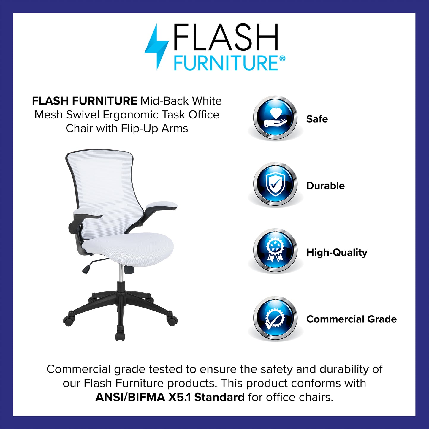Kelista Mid-Back White Mesh Swivel Ergonomic Task Office Chair with Flip-Up Arms White Mesh/Black Frame