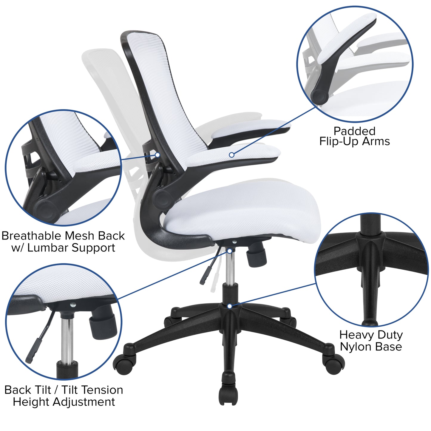 Kelista Mid-Back White Mesh Swivel Ergonomic Task Office Chair with Flip-Up Arms White Mesh/Black Frame