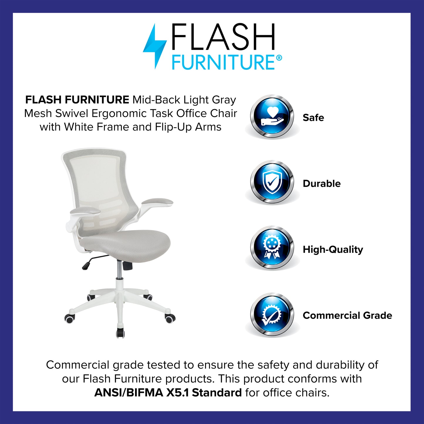 Kelista Mid-Back Light Gray Mesh Swivel Ergonomic Task Office Chair with White Frame and Flip-Up Arms Light Gray Mesh/White Frame