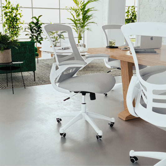 Kelista Mid-Back Light Gray Mesh Swivel Ergonomic Task Office Chair with White Frame and Flip-Up Arms Light Gray Mesh/White Frame BL-X-5M-WH-GY-GG