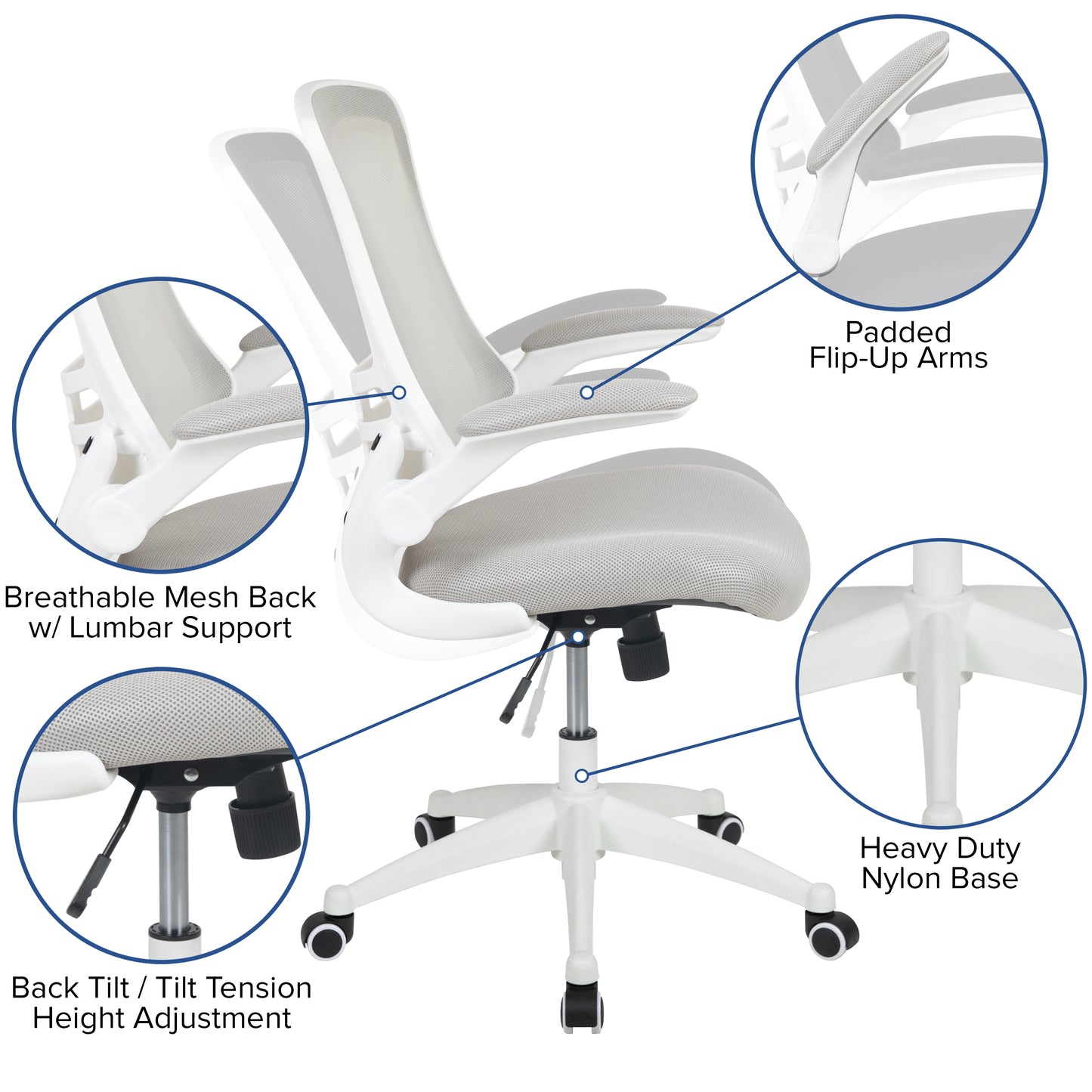 Kelista Mid-Back Light Gray Mesh Swivel Ergonomic Task Office Chair with White Frame and Flip-Up Arms Light Gray Mesh/White Frame