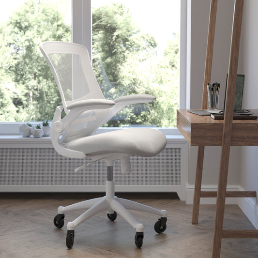 Kelista Mid-Back Light Gray Mesh Swivel Ergonomic Task Office Chair with White Frame, Flip-Up Arms, and Transparent Roller Wheels Light Gray Mesh/White Frame BL-X-5M-WH-GY-RLB-GG