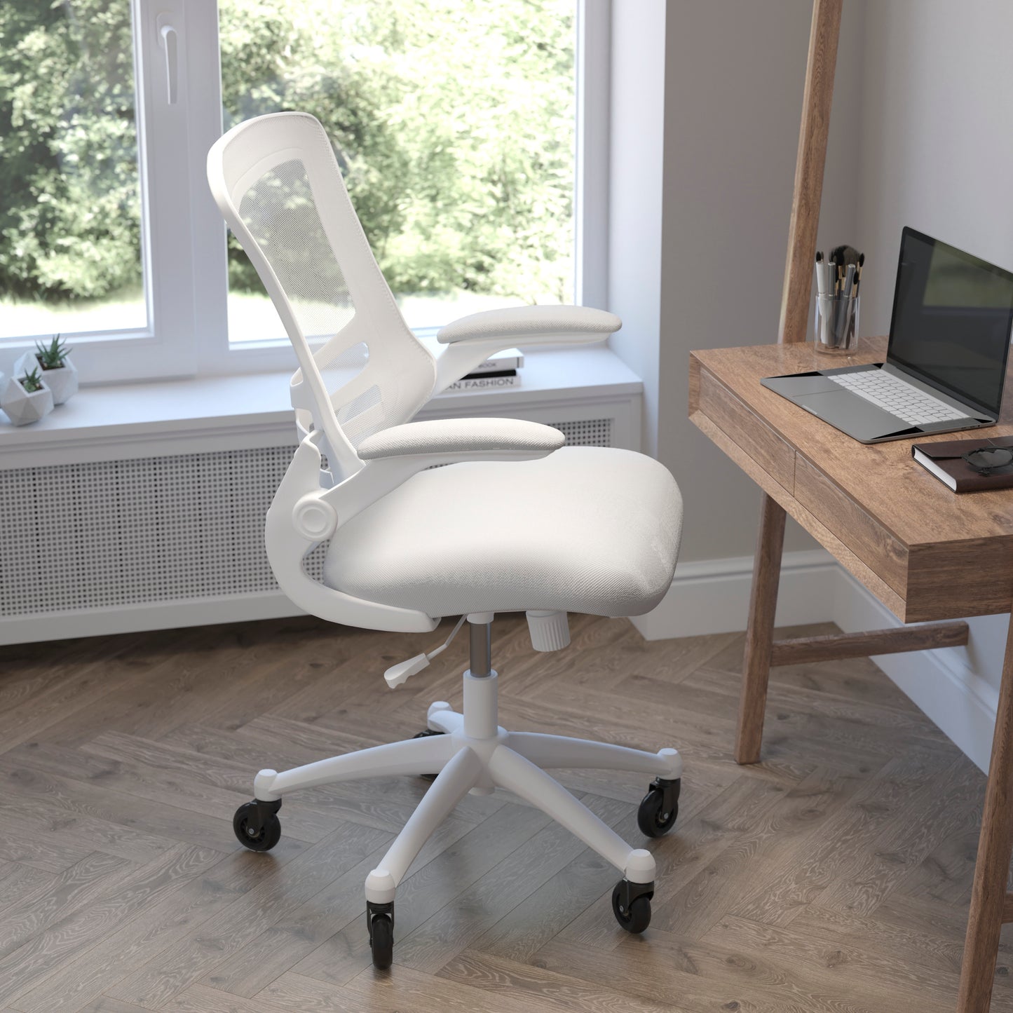 Kelista Mid-Back Light Gray Mesh Swivel Ergonomic Task Office Chair with White Frame, Flip-Up Arms, and Transparent Roller Wheels Light Gray Mesh/White Frame