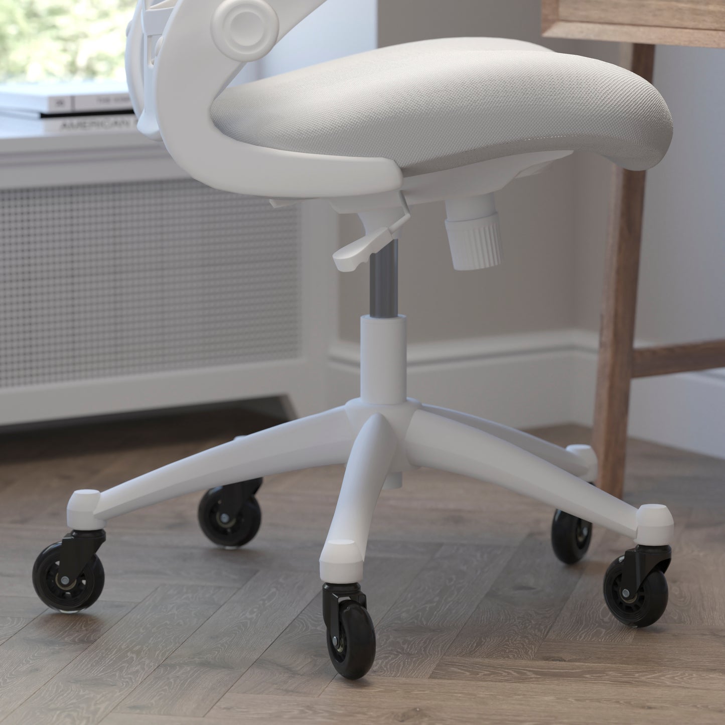 Kelista Mid-Back Light Gray Mesh Swivel Ergonomic Task Office Chair with White Frame, Flip-Up Arms, and Transparent Roller Wheels Light Gray Mesh/White Frame