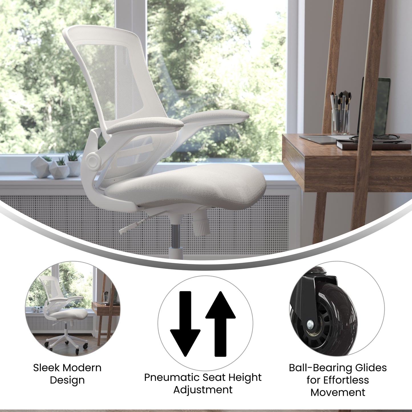 Kelista Mid-Back Light Gray Mesh Swivel Ergonomic Task Office Chair with White Frame, Flip-Up Arms, and Transparent Roller Wheels Light Gray Mesh/White Frame