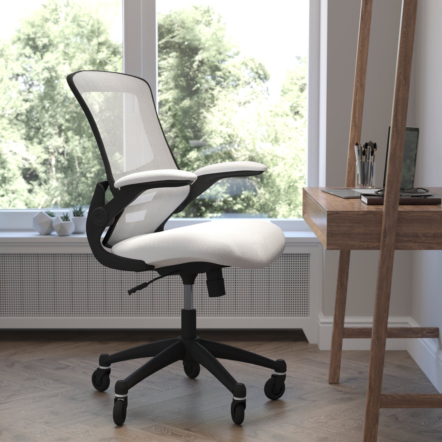 Kelista Mid-Back White Mesh Swivel Ergonomic Task Office Chair with Flip-Up Arms and Transparent Roller Wheels White Mesh/Black Frame