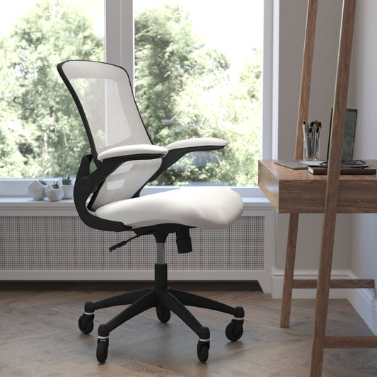 Kelista Mid-Back White Mesh Swivel Ergonomic Task Office Chair with Flip-Up Arms and Transparent Roller Wheels White Mesh/Black Frame BL-X-5M-WH-RLB-GG