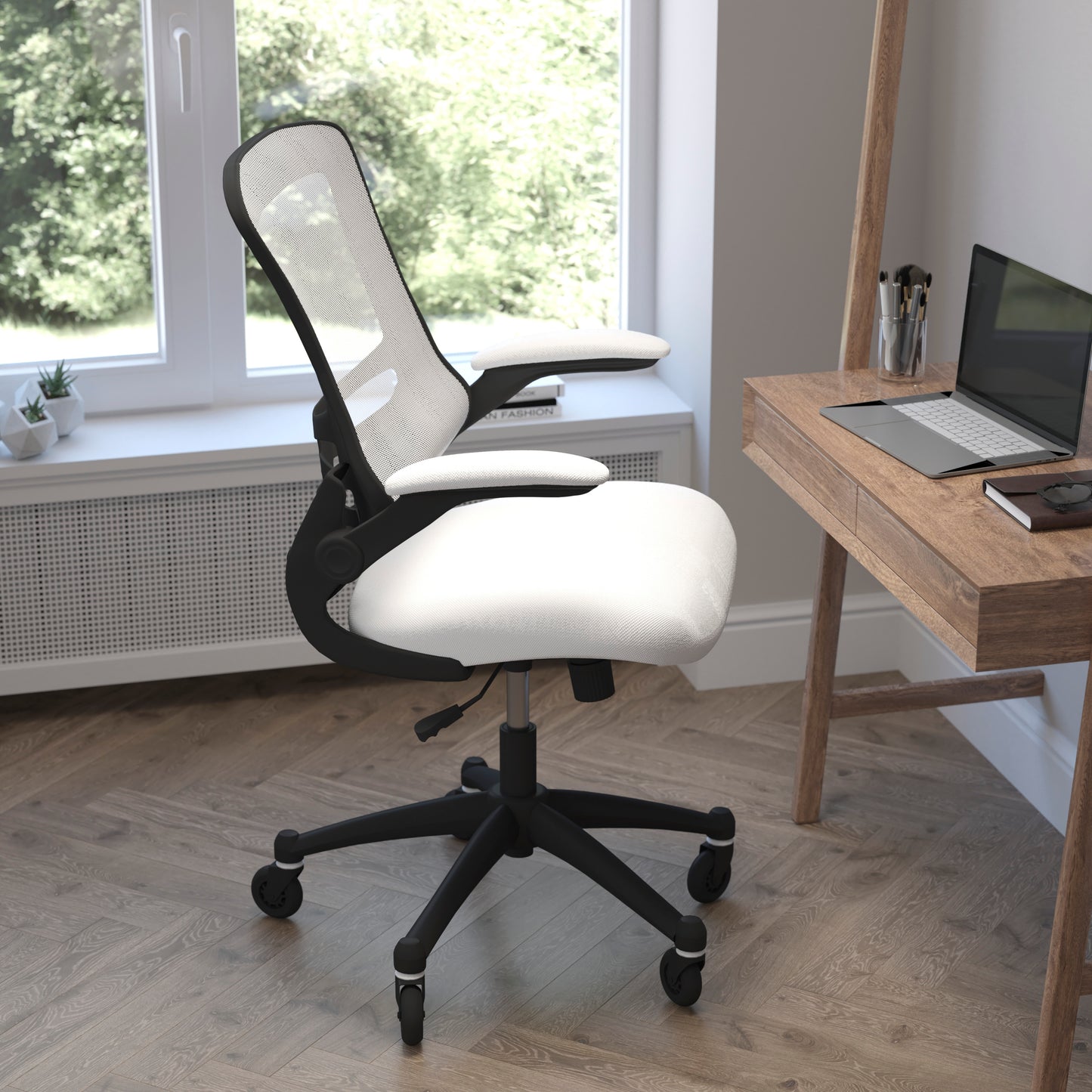 Kelista Mid-Back White Mesh Swivel Ergonomic Task Office Chair with Flip-Up Arms and Transparent Roller Wheels White Mesh/Black Frame