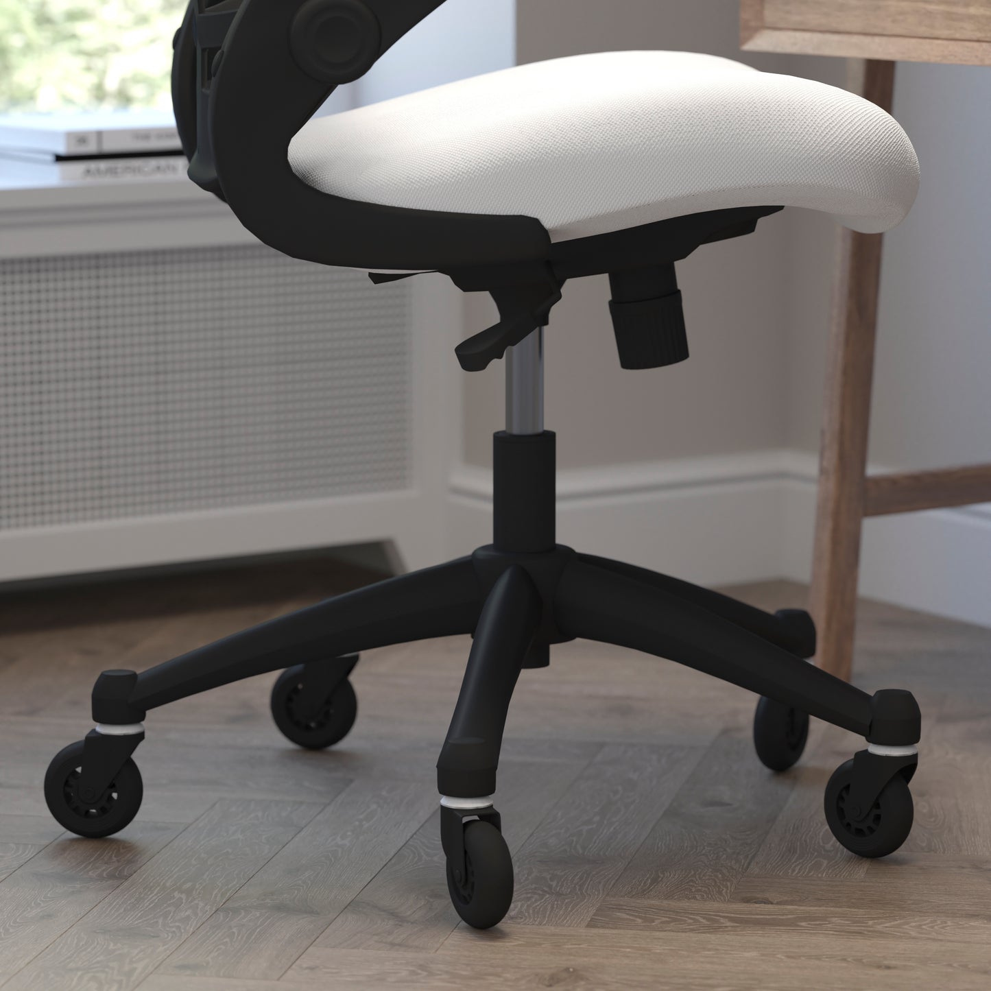 Kelista Mid-Back White Mesh Swivel Ergonomic Task Office Chair with Flip-Up Arms and Transparent Roller Wheels White Mesh/Black Frame