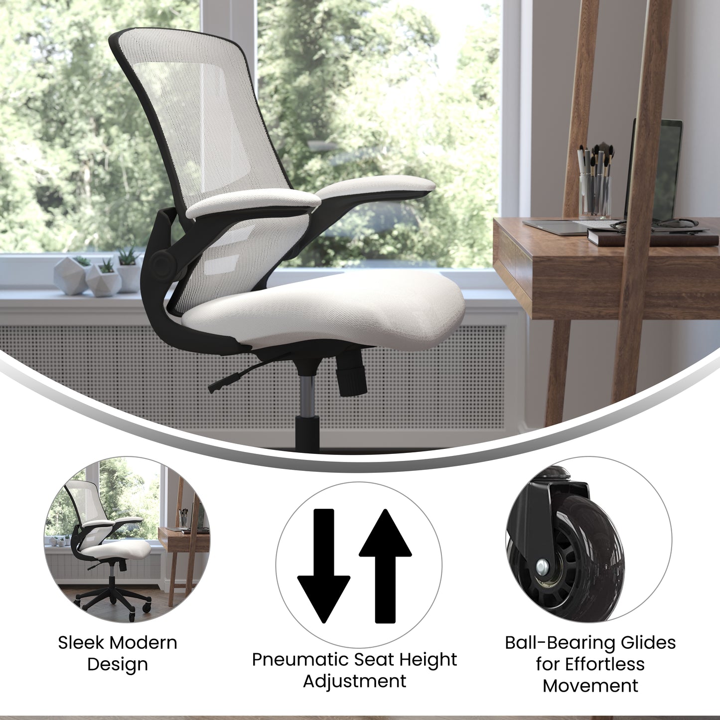 Kelista Mid-Back White Mesh Swivel Ergonomic Task Office Chair with Flip-Up Arms and Transparent Roller Wheels White Mesh/Black Frame