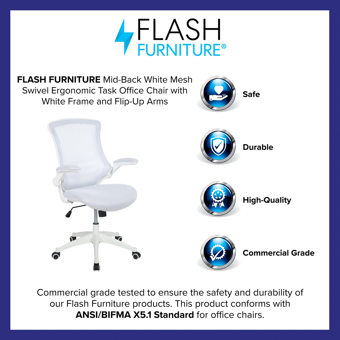 Kelista Mid-Back White Mesh Swivel Ergonomic Task Office Chair with White Frame and Flip-Up Arms White Mesh/White Frame
