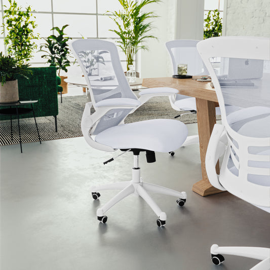 Kelista Mid-Back White Mesh Swivel Ergonomic Task Office Chair with White Frame and Flip-Up Arms White Mesh/White Frame BL-X-5M-WH-WH-GG