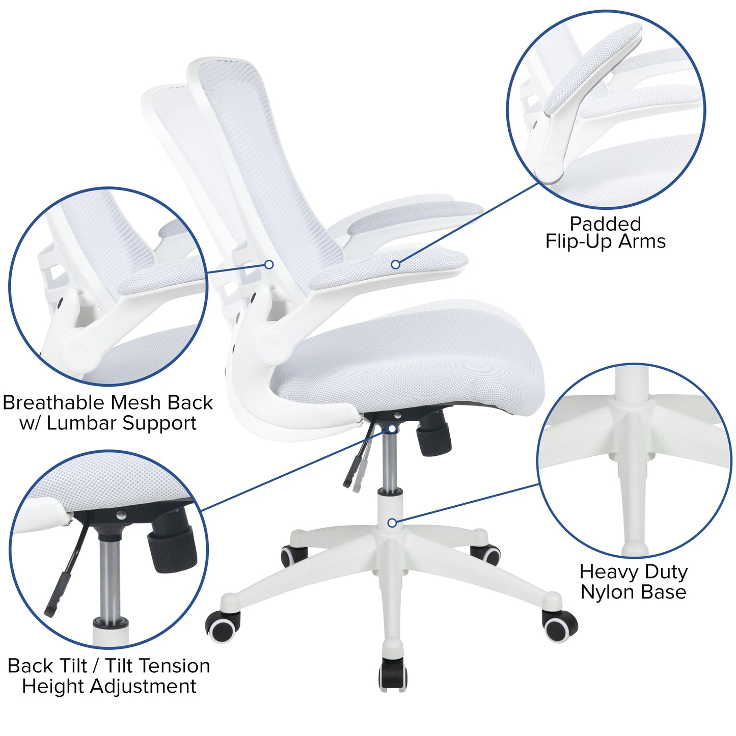 Kelista Mid-Back White Mesh Swivel Ergonomic Task Office Chair with White Frame and Flip-Up Arms White Mesh/White Frame