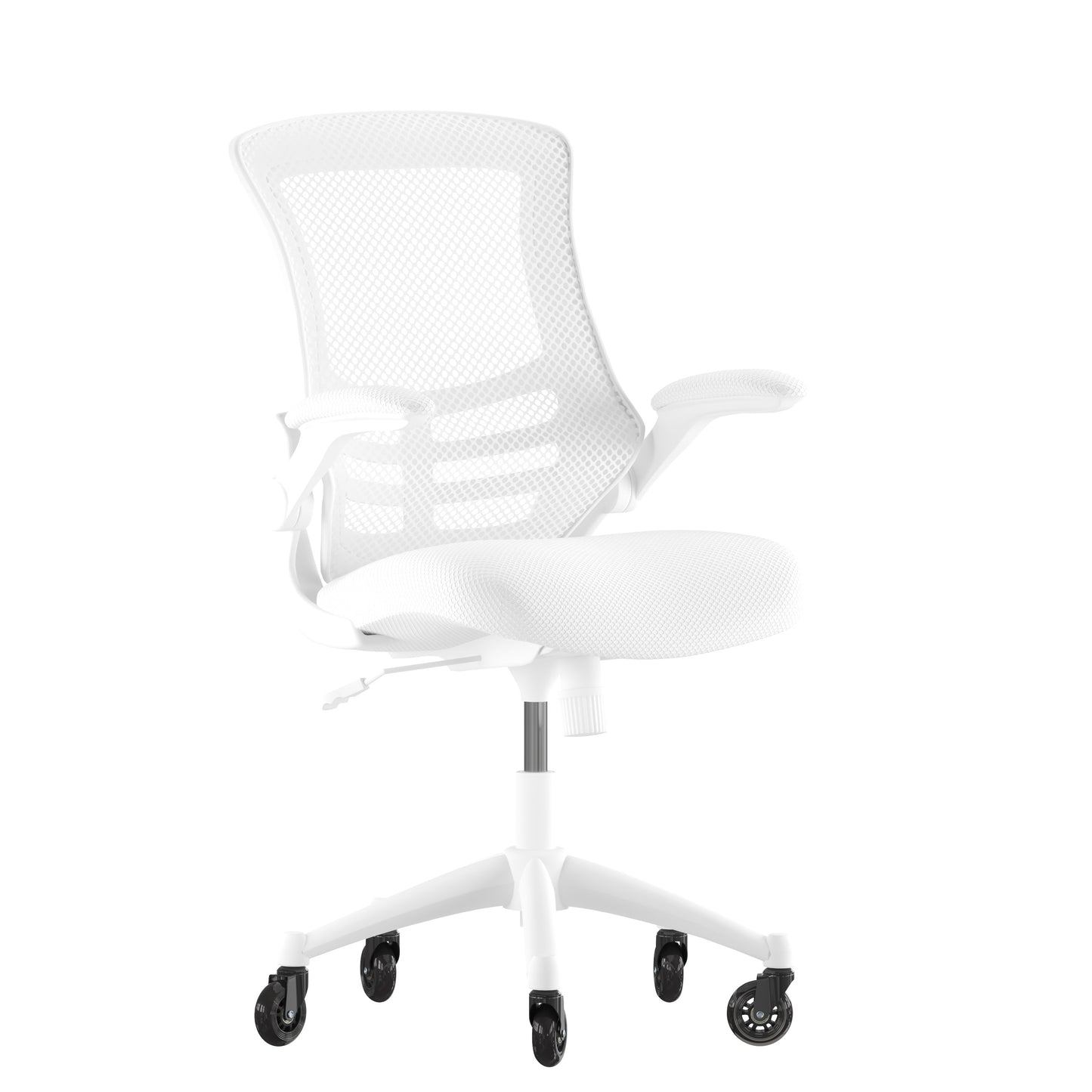 Kelista Mid-Back White Mesh Swivel Ergonomic Task Office Chair with White Frame, Flip-Up Arms, and Transparent Roller Wheels White Mesh/White Frame