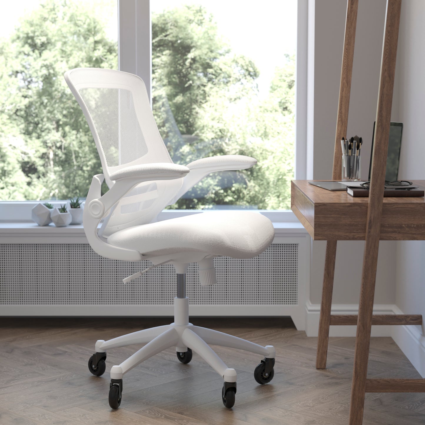 Kelista Mid-Back White Mesh Swivel Ergonomic Task Office Chair with White Frame, Flip-Up Arms, and Transparent Roller Wheels White Mesh/White Frame