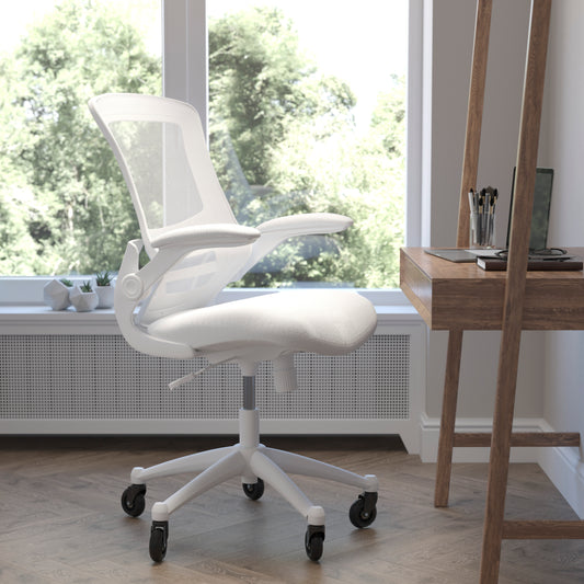 Kelista Mid-Back White Mesh Swivel Ergonomic Task Office Chair with White Frame, Flip-Up Arms, and Transparent Roller Wheels White Mesh/White Frame BL-X-5M-WH-WH-RLB-GG