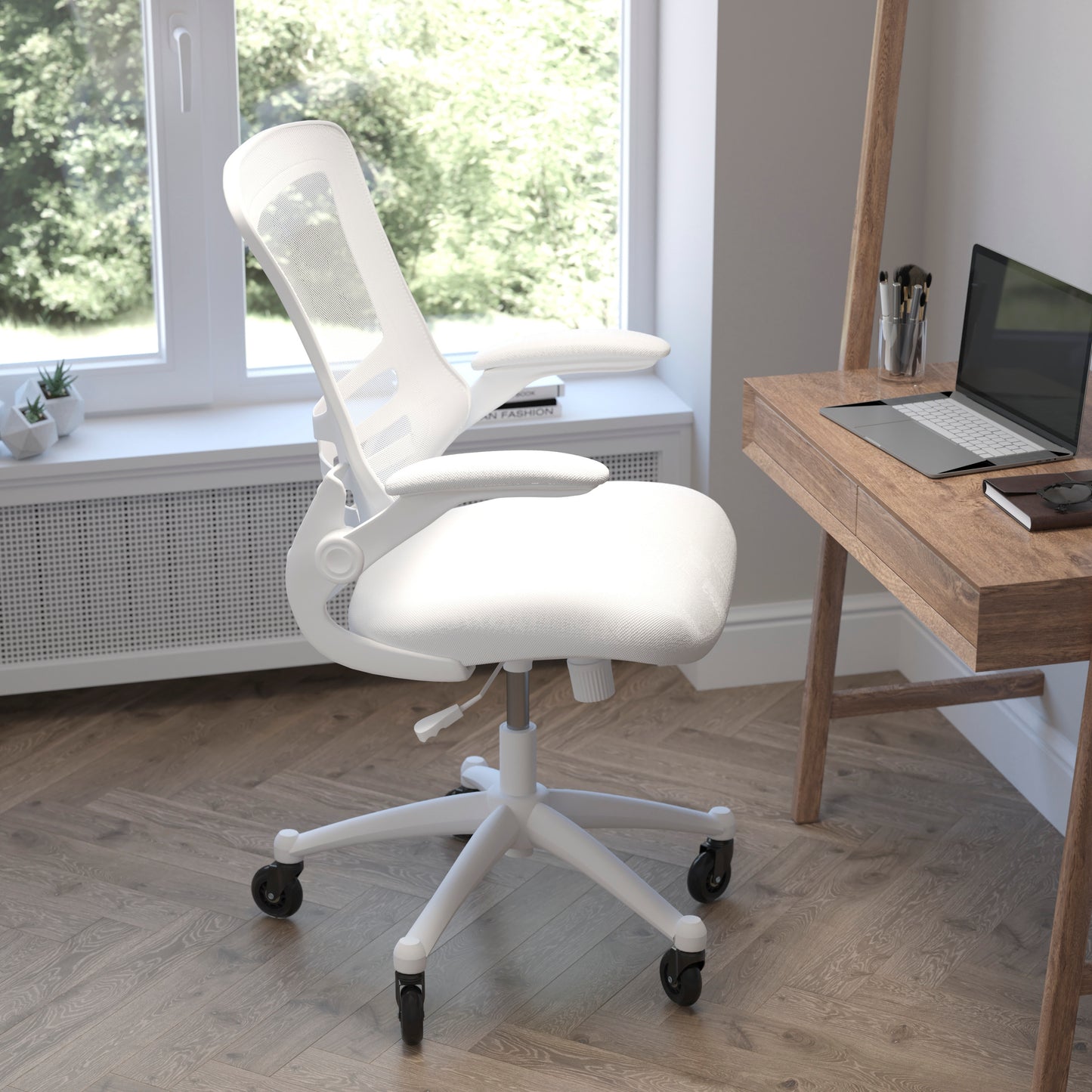 Kelista Mid-Back White Mesh Swivel Ergonomic Task Office Chair with White Frame, Flip-Up Arms, and Transparent Roller Wheels White Mesh/White Frame