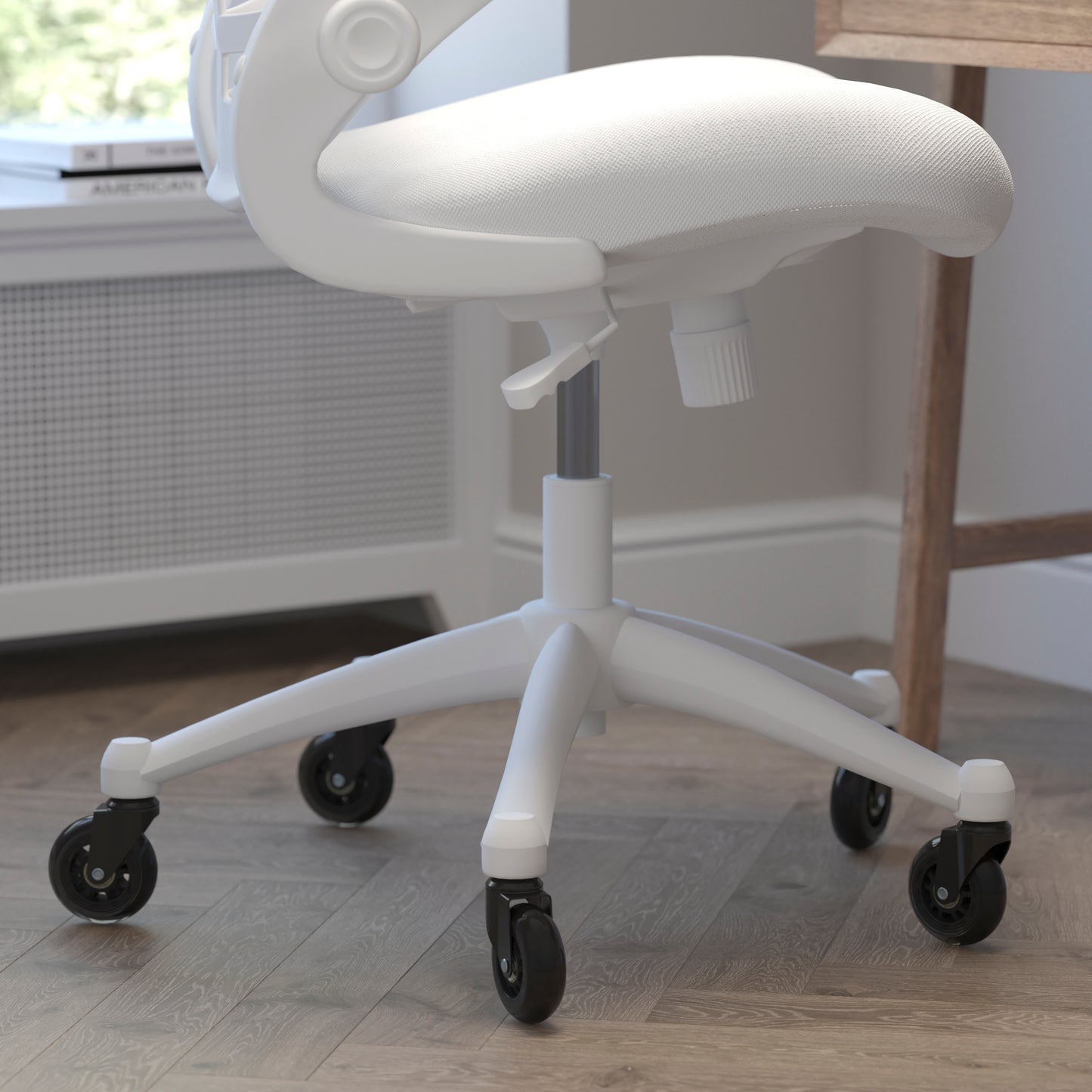 Kelista Mid-Back White Mesh Swivel Ergonomic Task Office Chair with White Frame, Flip-Up Arms, and Transparent Roller Wheels White Mesh/White Frame