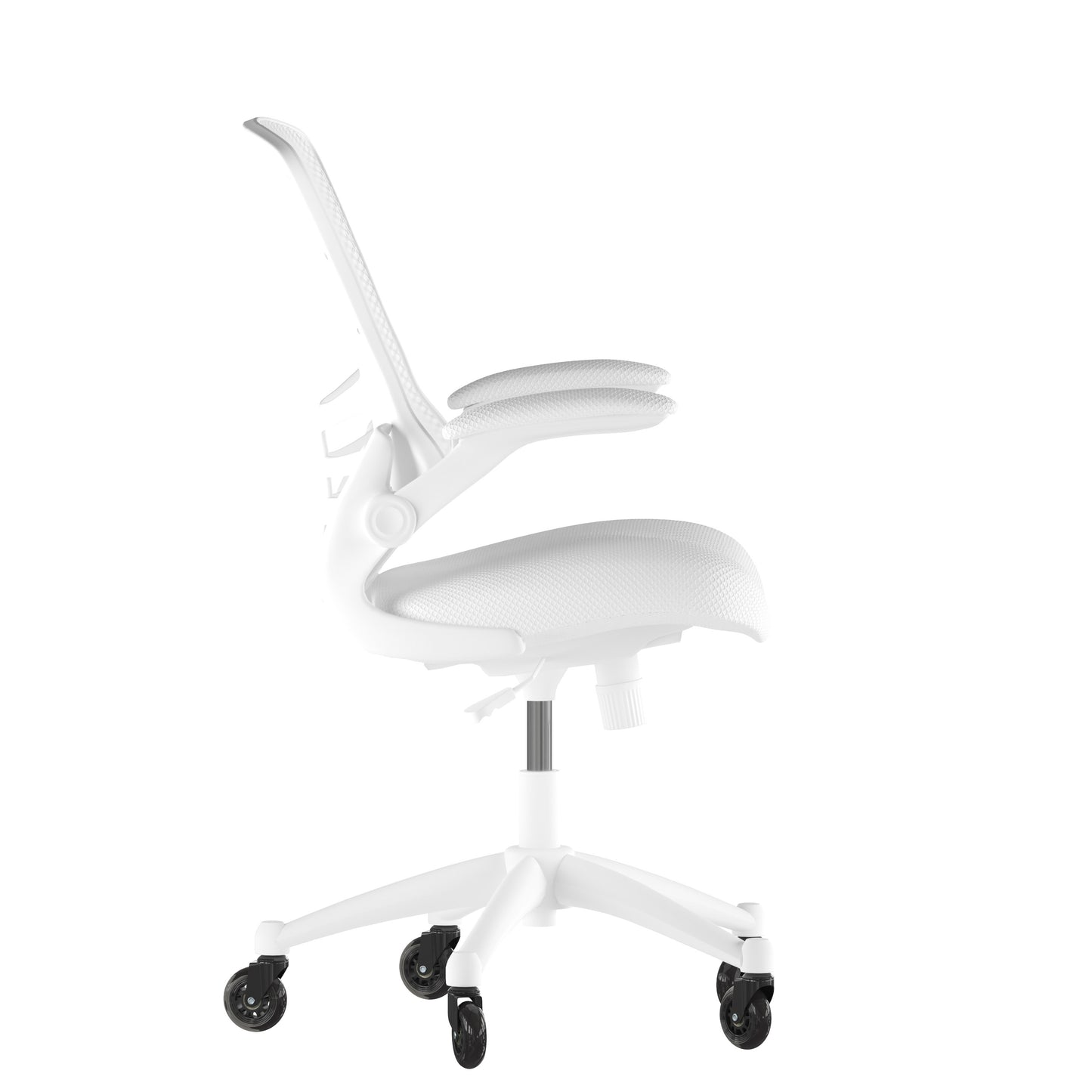 Kelista Mid-Back White Mesh Swivel Ergonomic Task Office Chair with White Frame, Flip-Up Arms, and Transparent Roller Wheels White Mesh/White Frame