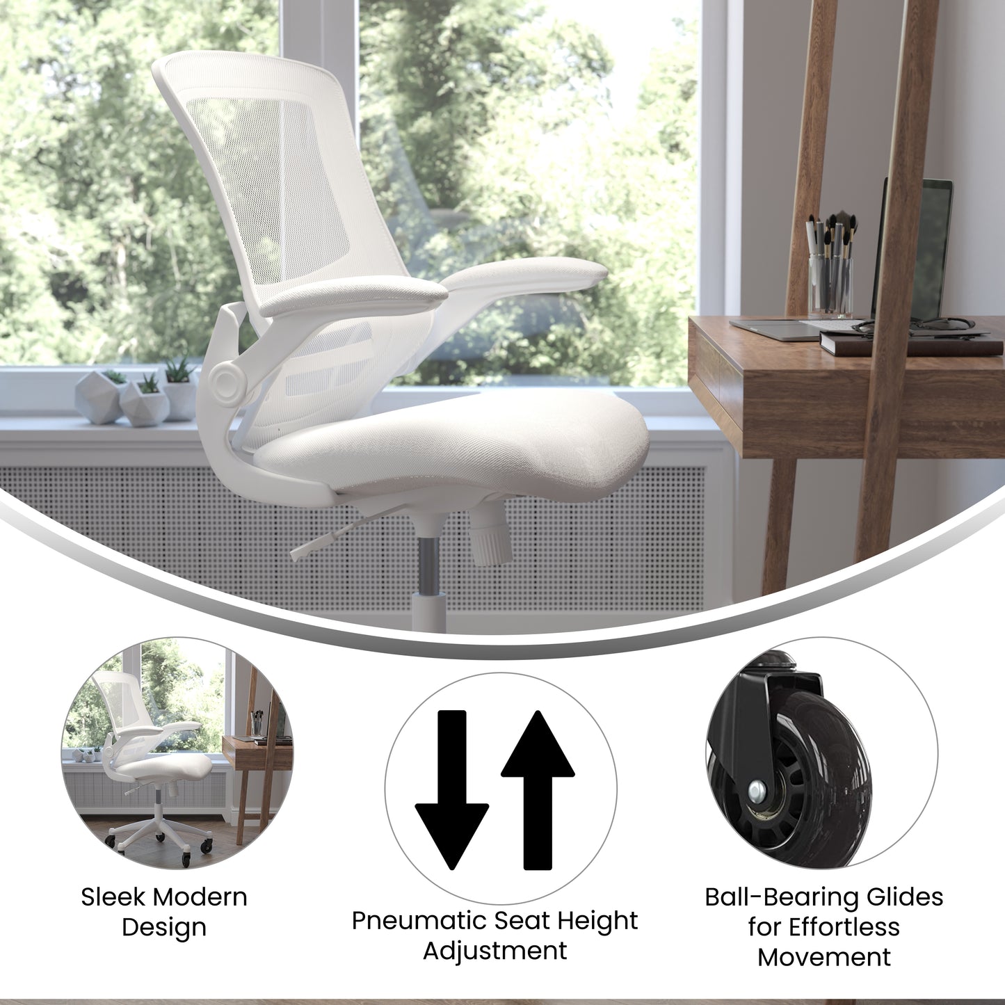 Kelista Mid-Back White Mesh Swivel Ergonomic Task Office Chair with White Frame, Flip-Up Arms, and Transparent Roller Wheels White Mesh/White Frame