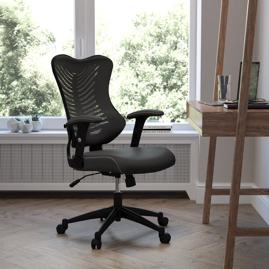 Kale High Back Designer Black Mesh Executive Swivel Ergonomic Office Chair with LeatherSoft Seat and Adjustable Arms Black Mesh & LeatherSoft BL-ZP-806-BK-LEA-GG