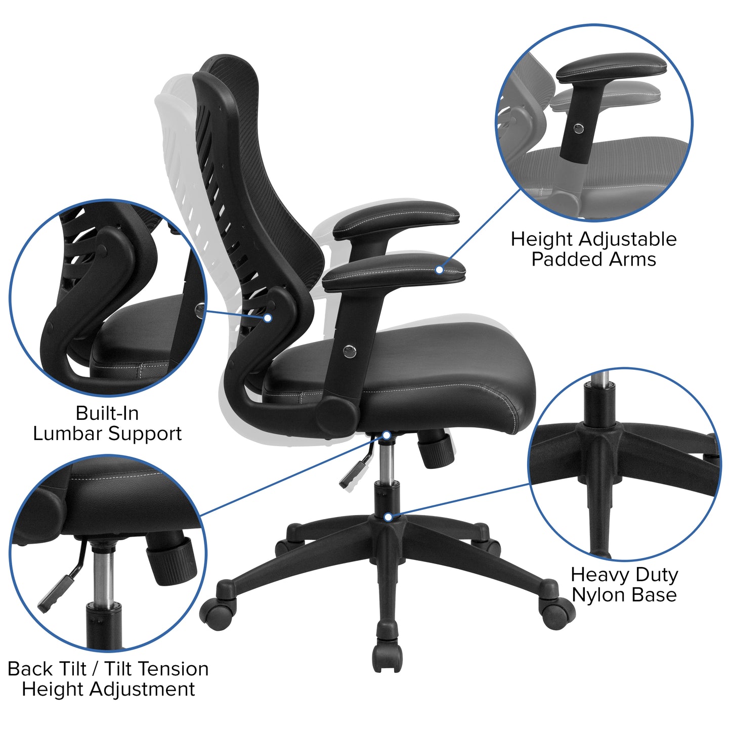 Kale High Back Designer Black Mesh Executive Swivel Ergonomic Office Chair with LeatherSoft Seat and Adjustable Arms Black Mesh & LeatherSoft