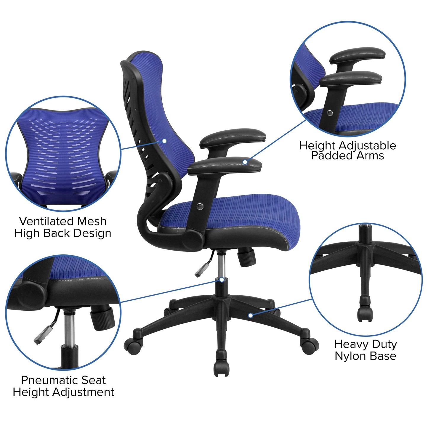 Kale High Back Designer Blue Mesh Executive Swivel Ergonomic Office Chair with Adjustable Arms Blue Mesh