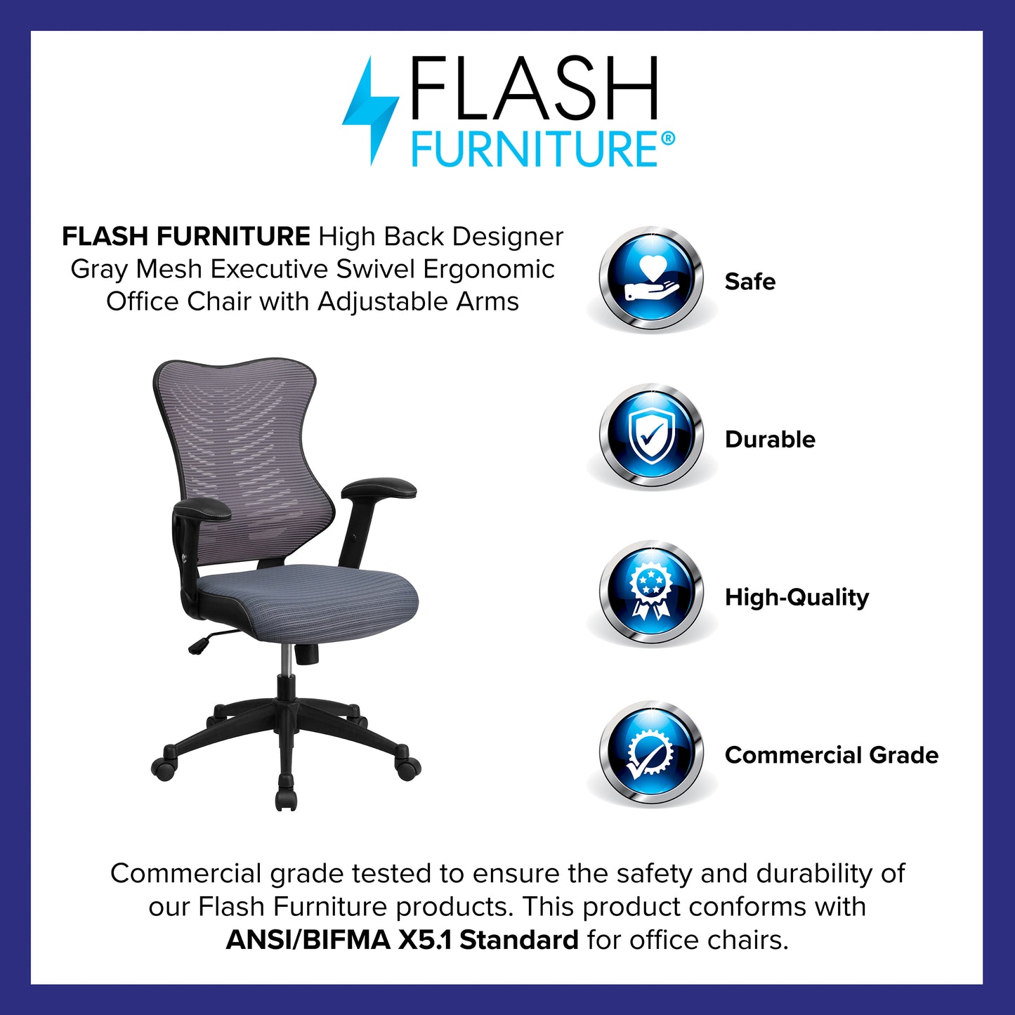 Kale High Back Designer Gray Mesh Executive Swivel Ergonomic Office Chair with Adjustable Arms Gray Mesh BL-ZP-806-GY-GG