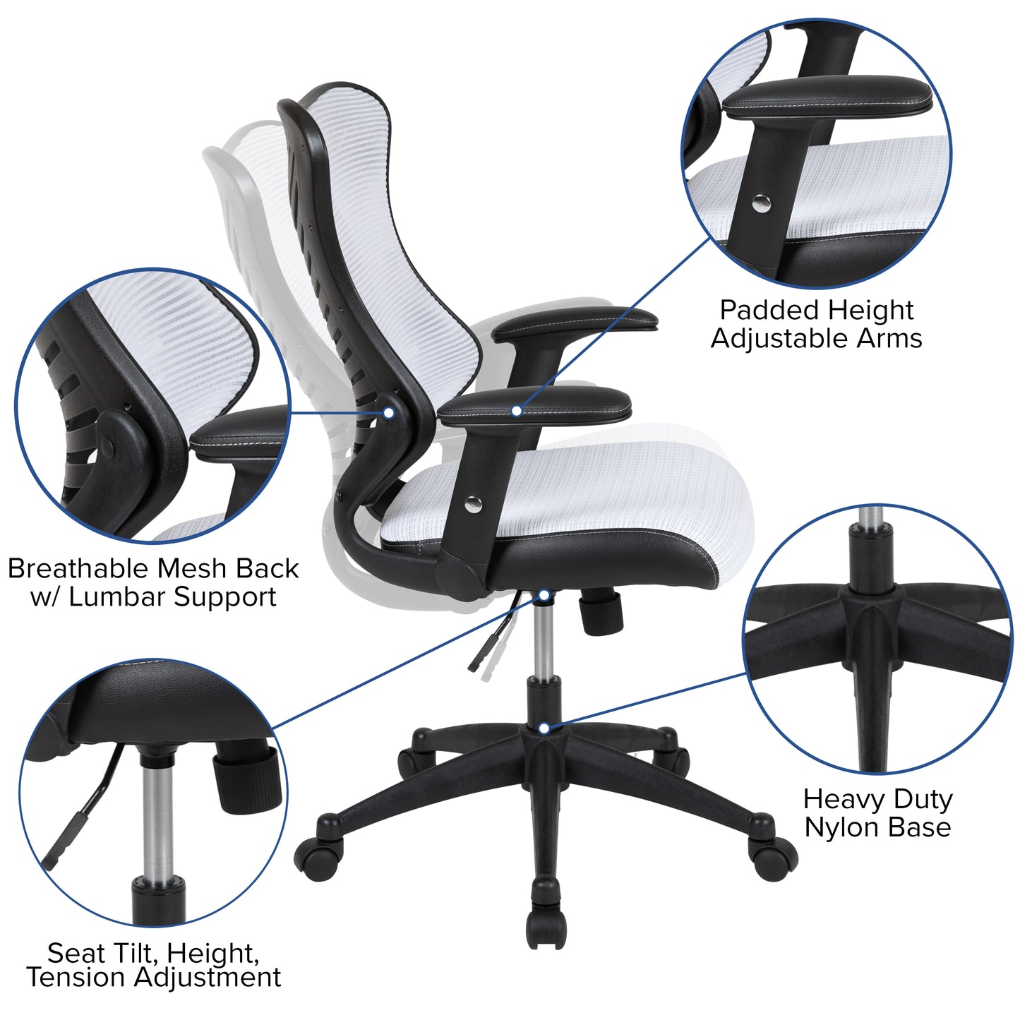 Kale High Back Designer White Mesh Executive Swivel Ergonomic Office Chair with Adjustable Arms White Mesh