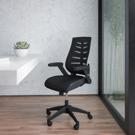 Kale High Back Designer Black Mesh Executive Swivel Ergonomic Office Chair with Height Adjustable Flip-Up Arms Black BL-ZP-809-BK-GG