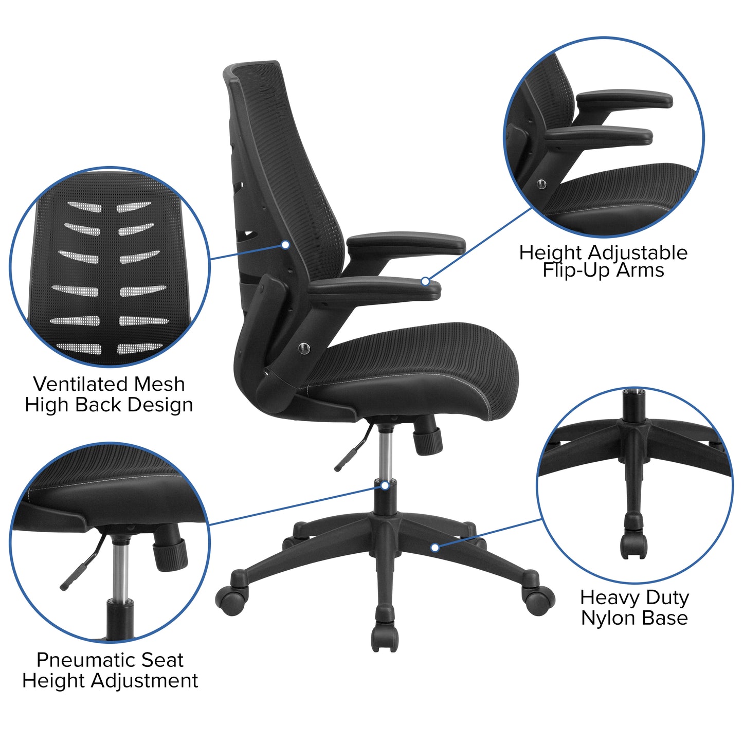 Kale High Back Designer Black Mesh Executive Swivel Ergonomic Office Chair with Height Adjustable Flip-Up Arms Black