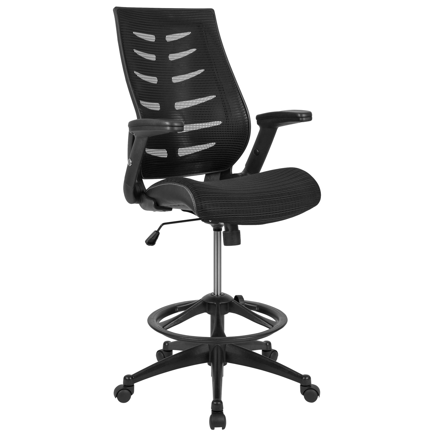 Kale High Back Black Mesh Spine-Back Ergonomic Drafting Chair with Adjustable Foot Ring and Adjustable Flip-Up Arms Black