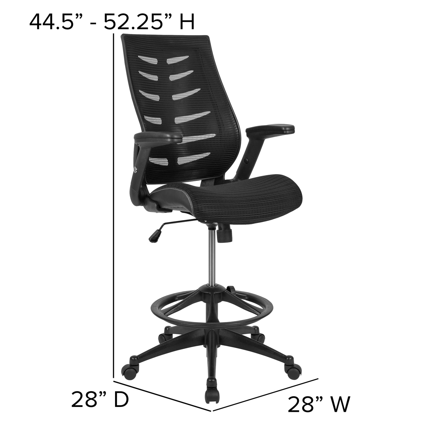 Kale High Back Black Mesh Spine-Back Ergonomic Drafting Chair with Adjustable Foot Ring and Adjustable Flip-Up Arms Black