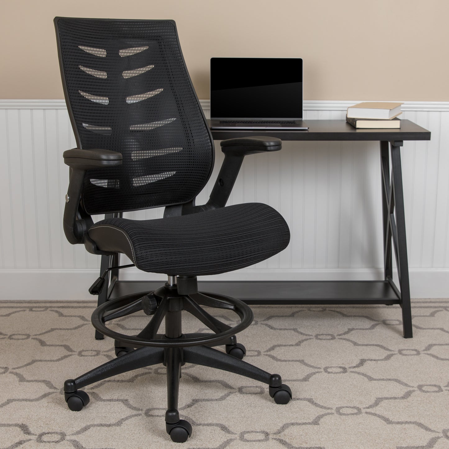 Kale High Back Black Mesh Spine-Back Ergonomic Drafting Chair with Adjustable Foot Ring and Adjustable Flip-Up Arms Black