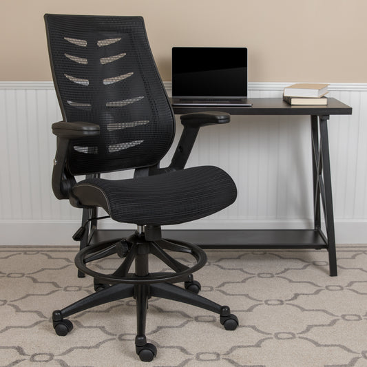 Kale High Back Black Mesh Spine-Back Ergonomic Drafting Chair with Adjustable Foot Ring and Adjustable Flip-Up Arms Black