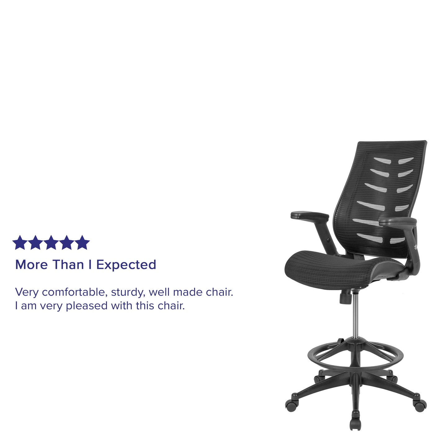 Kale High Back Black Mesh Spine-Back Ergonomic Drafting Chair with Adjustable Foot Ring and Adjustable Flip-Up Arms Black