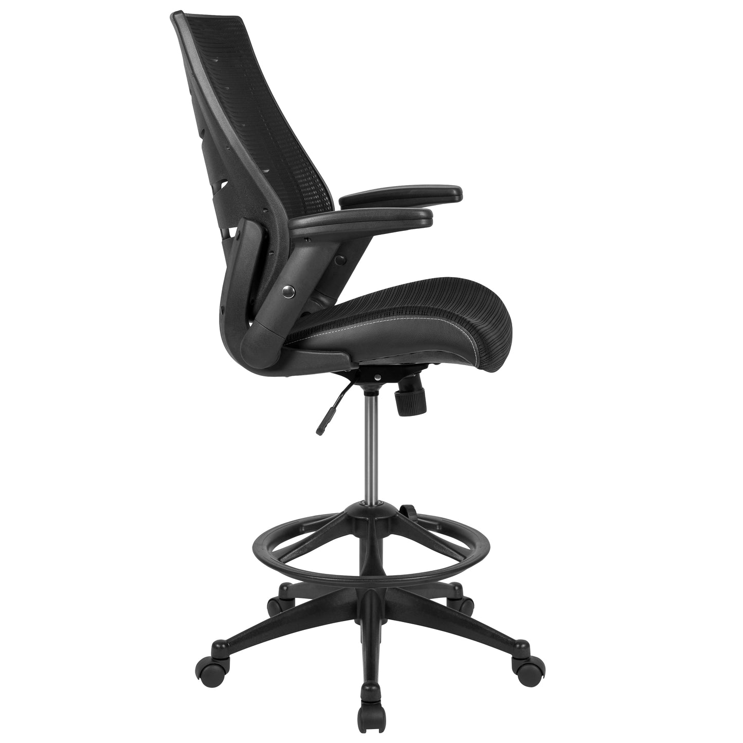 Kale High Back Black Mesh Spine-Back Ergonomic Drafting Chair with Adjustable Foot Ring and Adjustable Flip-Up Arms Black