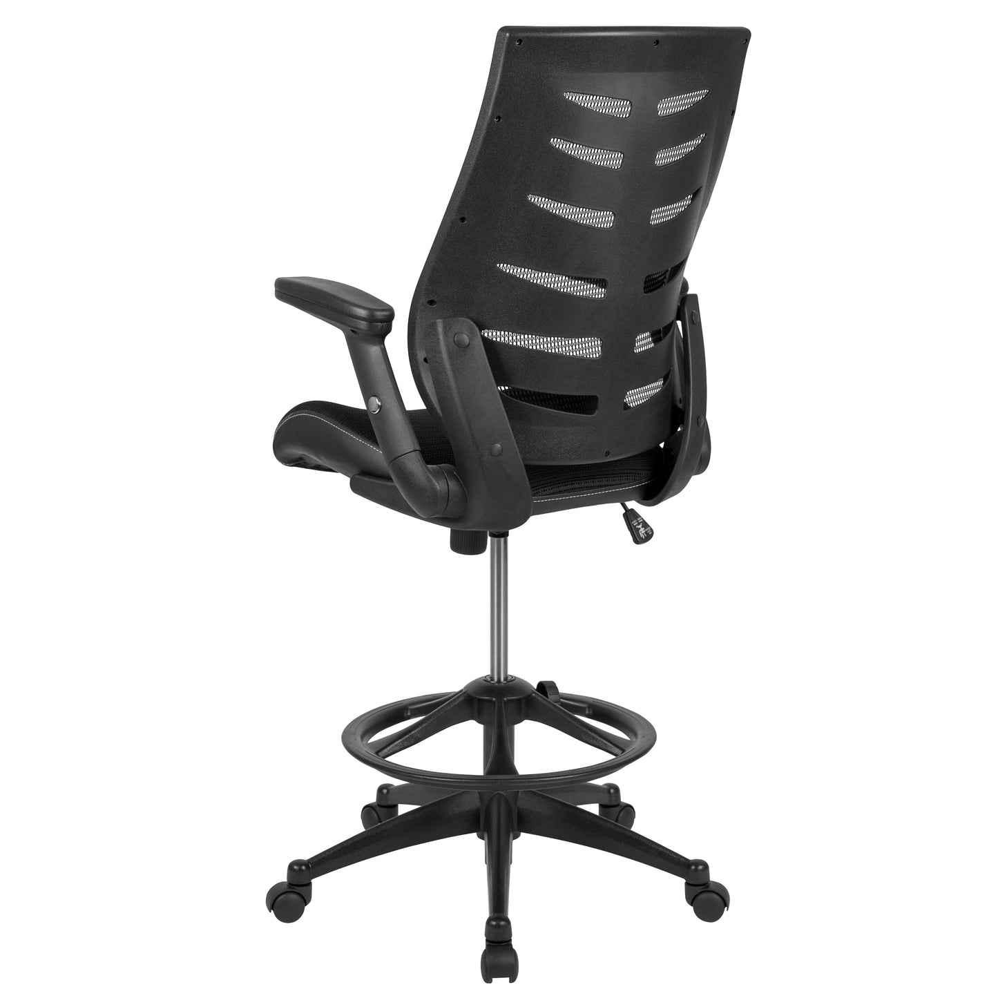 Kale High Back Black Mesh Spine-Back Ergonomic Drafting Chair with Adjustable Foot Ring and Adjustable Flip-Up Arms Black