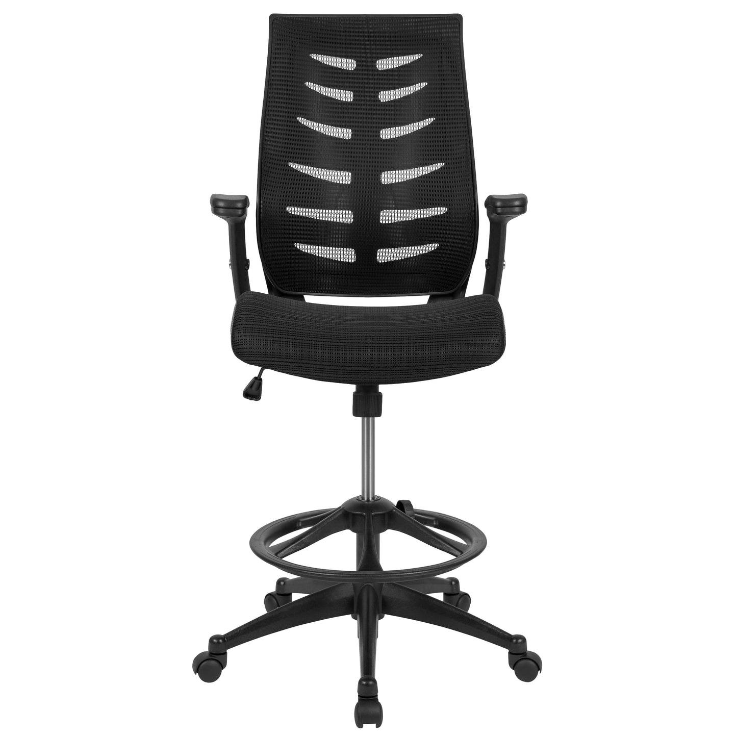 Kale High Back Black Mesh Spine-Back Ergonomic Drafting Chair with Adjustable Foot Ring and Adjustable Flip-Up Arms Black