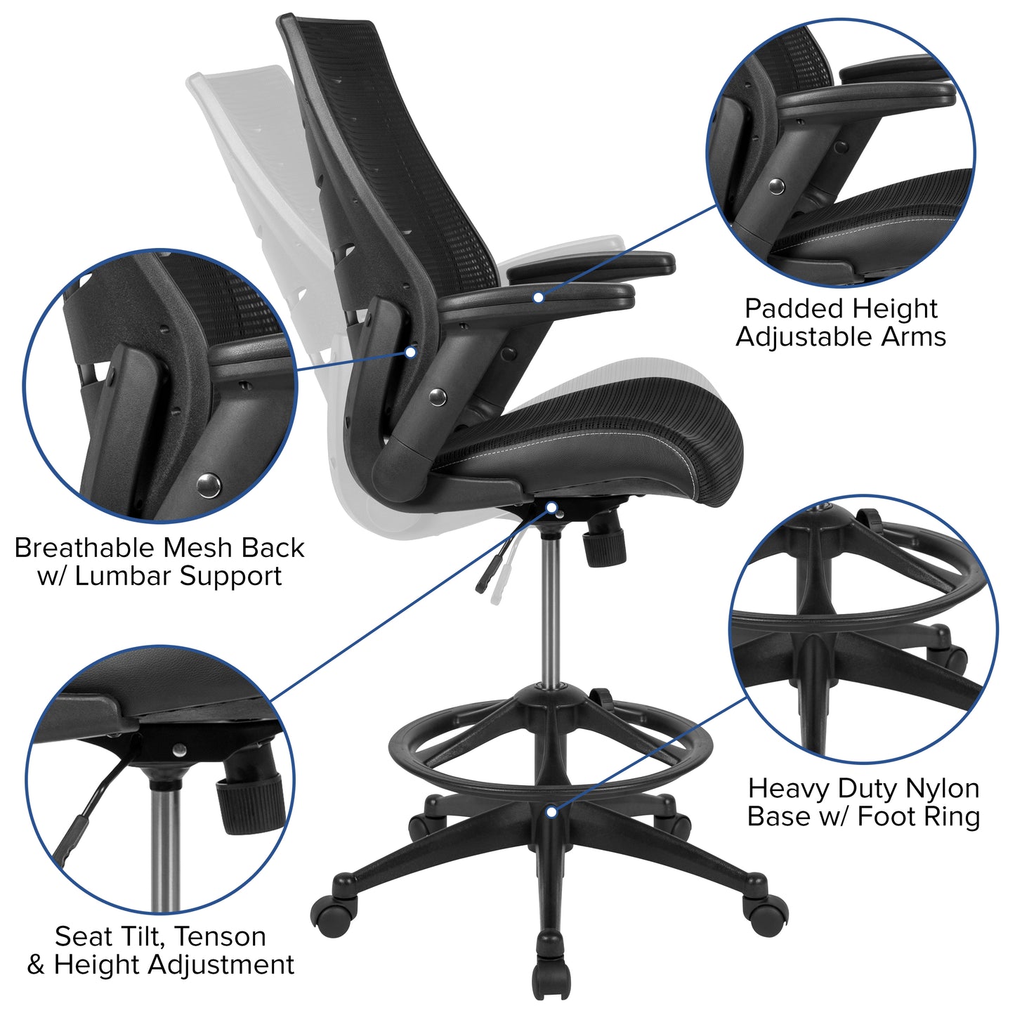 Kale High Back Black Mesh Spine-Back Ergonomic Drafting Chair with Adjustable Foot Ring and Adjustable Flip-Up Arms Black