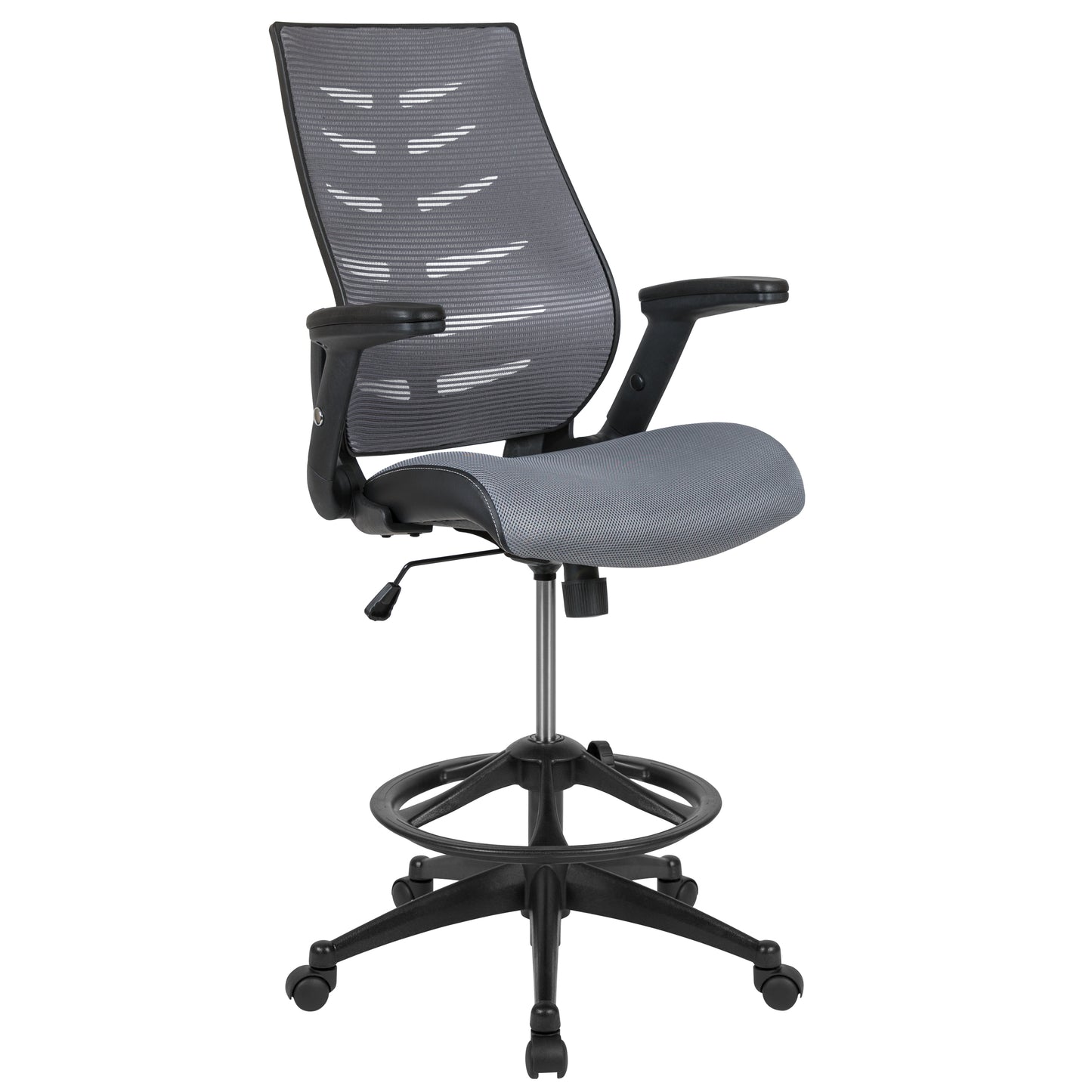Kale High Back Dark Gray Mesh Spine-Back Ergonomic Drafting Chair with Adjustable Foot Ring and Adjustable Flip-Up Arms Dark Gray