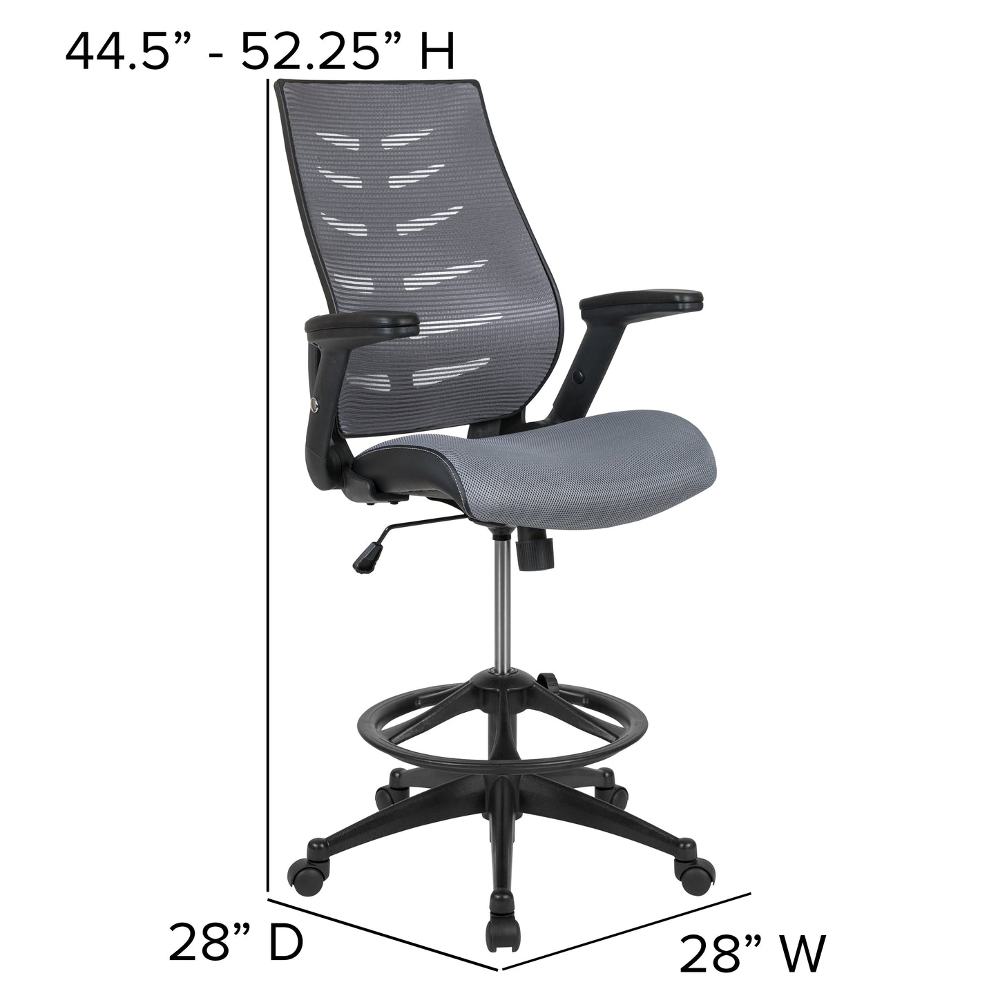 Kale High Back Dark Gray Mesh Spine-Back Ergonomic Drafting Chair with Adjustable Foot Ring and Adjustable Flip-Up Arms Dark Gray